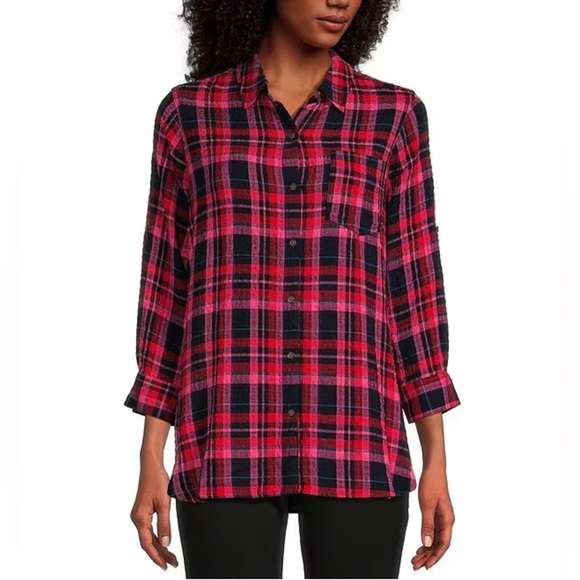 1X Intro Plaid Print Puckered Woven Long Roll-Tab Sleeve Button-Down Shirt - Picture 10 of 13